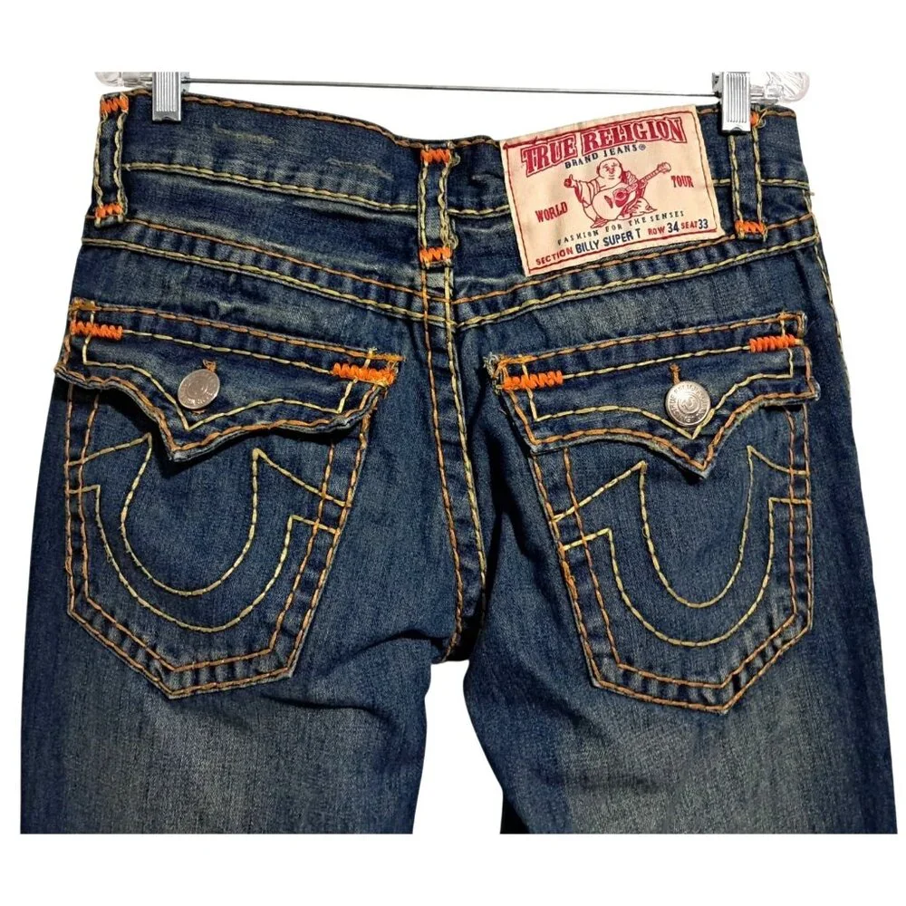 True Religion Billy Super T Jeans Mens 34 READ World Tour Patch Orange Yellow St
